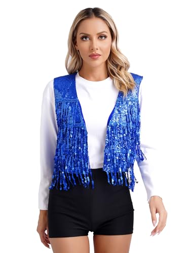 FEESHOW Damen Pailletten Weste Glitzer Anzugweste ärmellos Glänzend Disco Kostüm Oberteil Party Faschingskostüm Clubwear Waistcoat Königsblau_C XXL von FEESHOW