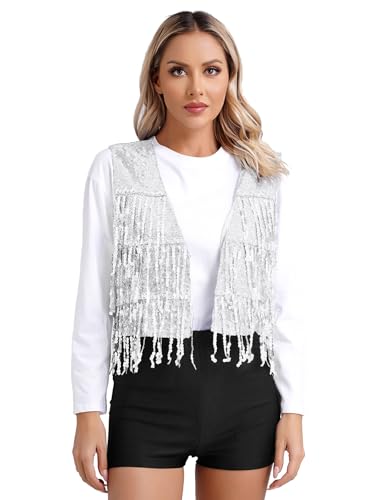 FEESHOW Damen Pailletten Weste Glitzer Anzugweste ärmellos Glänzend Disco Kostüm Oberteil Party Faschingskostüm Clubwear Waistcoat Silber_C S von FEESHOW