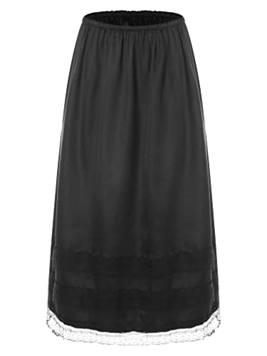 FEESHOW Damen Retro Satin Unterrock Lang Spitze Petticoat Dessous Rock Röckchen mit Spitzensaum A_Schwarz XXL von FEESHOW