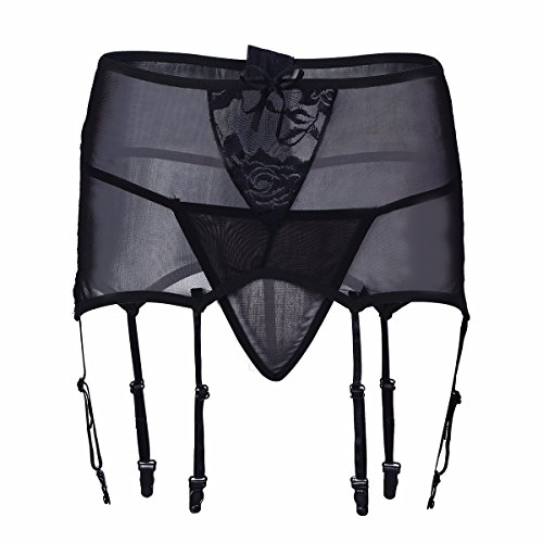 FEESHOW Damen Schwarz Spitze Strumpfgürtel Sockenhalter mit String Reizwäsche Dessous Set S-XXL Schwarz XXL von FEESHOW