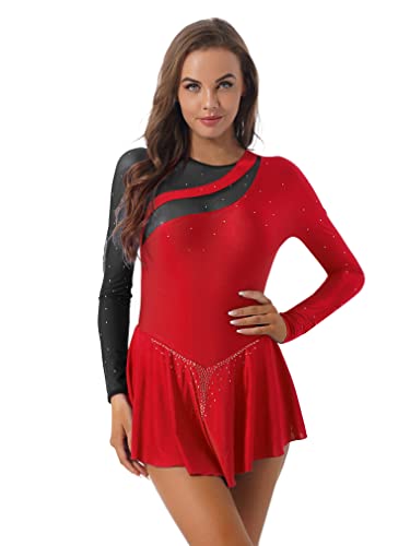 FEESHOW Damen Skaterkleid Stretch Basic Langarm Ballett Trikot Kleider Tanzkleider rückenfrei Eiskunstlauf Swing Kleid Tanz Gymnastik Rot&Schwarz B S von FEESHOW