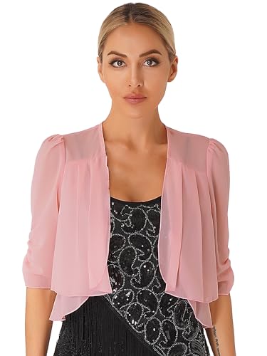 FEESHOW Damen Spitzen Bolero Schulterjacke Bolerojacke Festlich Kurzarm Jäckchen Oberteil Elegant für Hochzeit Abendkleid Brautkleid Rosa_M XXL von FEESHOW