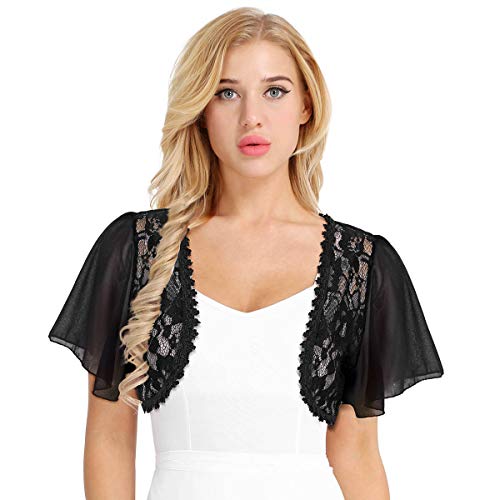FEESHOW Damen Spitzen Bolero Schulterjacke Bolerojacke Festlich Kurzarm Jäckchen Oberteil Elegant für Hochzeit Abendkleid Brautkleid Schwarz XXL von FEESHOW
