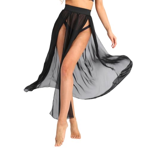 FEESHOW Damen Strandrock Chiffon Transparent Cover up Bikini Strandkleider Boho Sommerkleider mit Schlitz lang Beachwear Schwarz Medium von FEESHOW