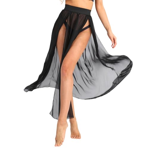 FEESHOW Damen Strandrock Lang Transparent Strandkleider Bikini Badeanzug Vertuschung Wickeltuch mit Schlitz Strandmode Schwarz XL von FEESHOW