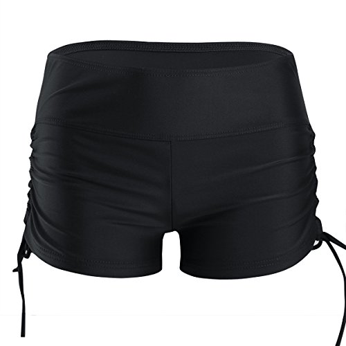 FEESHOW Damen Stretch Badeshorts Kurze Schwimmhose mit Seiten Schnür Flexibele Bikinihose Baisc Boardshorts Schwarz S von FEESHOW
