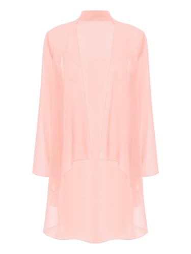 FEESHOW Damen Strickjacke Sommer Lang Festliche Chiffon Cardigan Langarm Dünne Asymmetrisch Wasserfall Kimono Jacke Strand Cover Up Rosa XXL von FEESHOW