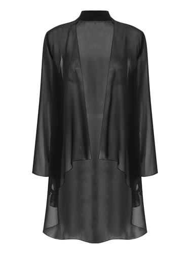 FEESHOW Damen Strickjacke Sommer Lang Festliche Chiffon Cardigan Langarm Dünne Asymmetrisch Wasserfall Kimono Jacke Strand Cover Up Schwarz 3XL von FEESHOW
