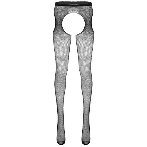 FEESHOW Damen Strumpfhose Ouvert Netzstrumpfhose Leggings Transparent Strümpfe mit Strass Erotisch Dessous Unterwäsche Schwarz One Size von FEESHOW