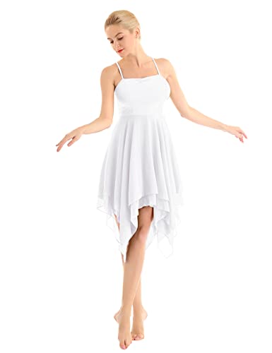 FEESHOW Damen Lyrisch Tanzkleid Ärmellos Ballettanzug Ballerina Kleid Asymmetrisches Maxikleid Modern Tanzkostüm Bühnenanzug Weiß S von FEESHOW