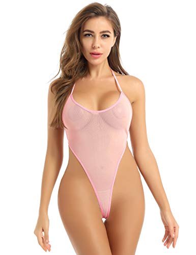 FEESHOW Damen Transparent Dessous Body Rückenfrei Tanga Stringbody Neckholder Bikini Bademode High Cut Reizvolle Nachtwäsche Rosa One Size von FEESHOW