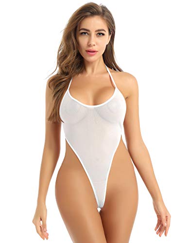 FEESHOW Damen Transparent Dessous Body Rückenfrei Tanga Stringbody Neckholder Bikini Bademode High Cut Reizvolle Nachtwäsche Weiß One Size von FEESHOW