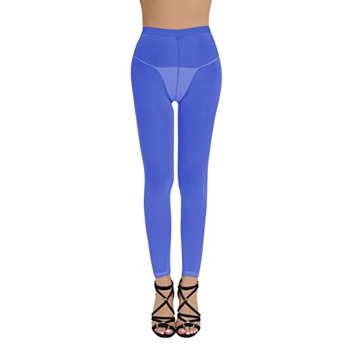 FEESHOW Damen Transparent Leggings Unterwäsche Mesh Netz Pantyhose Sporthose Fitness Laufen Yogahose Bikini Cover Up Hosen Blau One Size von FEESHOW