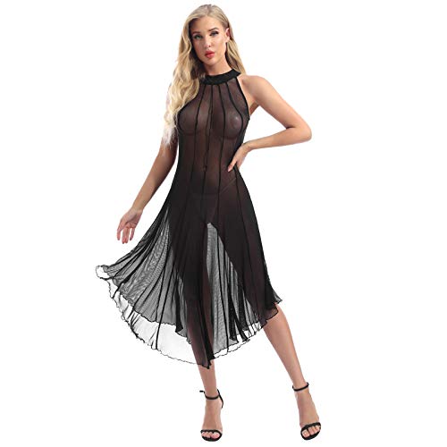 FEESHOW Damen Transparent Mesh Kleid Dessous Lingerie Sexy Neckholder Swing Kleid Nachtkleid Erotik Wäsche Gogo Tanz Party Nachtclub Outfit Schwarz L von FEESHOW