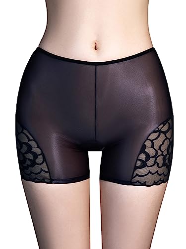 FEESHOW Damen Transparent Shorts Unterwäsche Mit Spitze Glänzend Nylon Slip Boxer Briefs Unterhosen Hohe Taille Reizwäsche Schwarz Einheitsgröße von FEESHOW