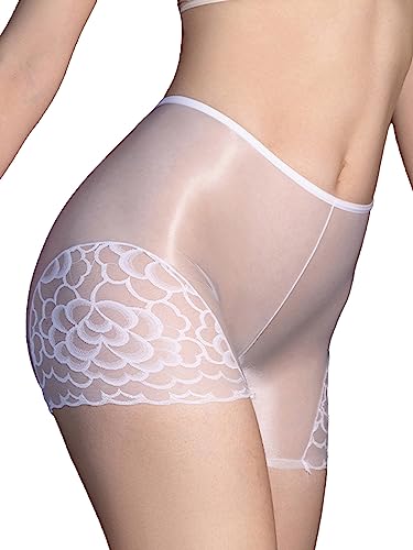 FEESHOW Damen Transparent Shorts Unterwäsche Mit Spitze Glänzend Nylon Slip Boxer Briefs Unterhosen Hohe Taille Reizwäsche Weiß Einheitsgröße von FEESHOW