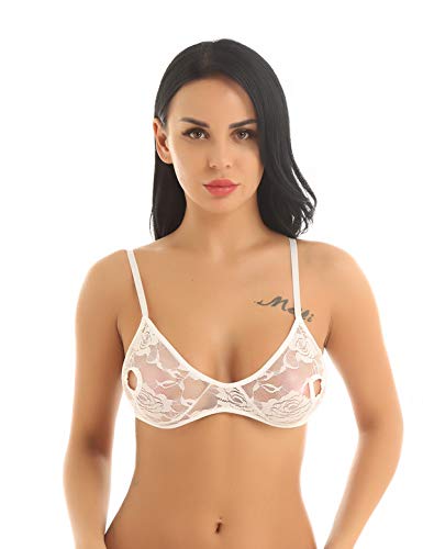 FEESHOW Damen Transparente BH Spitzen Bra Bügellos Triangel Bikini mit Nippel-Löcher erotische Dessous Reizwäsche Schwarz/Weiß Weiß S von FEESHOW