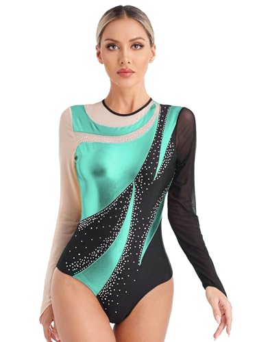 FEESHOW Damen Turnanzug Glitzer Langarm Patchwork Body mit Strass Gymnastik Tanz Trikot Ballett Leotard Eislaufen Tanzkleidung Blaugrün_A S von FEESHOW