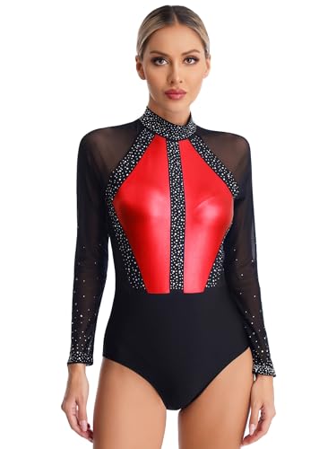 FEESHOW Damen Turnanzug Langarm Glitzer Mesh Gymnastik Trikot Tanz Ballett Leotard mit Strass Eislaufen Tanzkleidung Body Rot_A M von FEESHOW