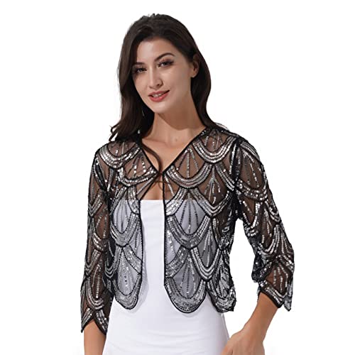 FEESHOW Damen Umhang Cape Retro Pailletten Stola Schal 1920s Bolero Für Hochzeit Braut Abendkleid Brautkleid Festlich Gala kleid Silber E Einheitsgröße von FEESHOW