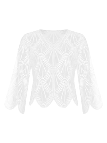 FEESHOW Damen Umhang Cape Retro Pailletten Stola Schal 1920s Bolero Für Hochzeit Braut Abendkleid Brautkleid Festlich Gala kleid Weiß E Einheitsgröße von FEESHOW