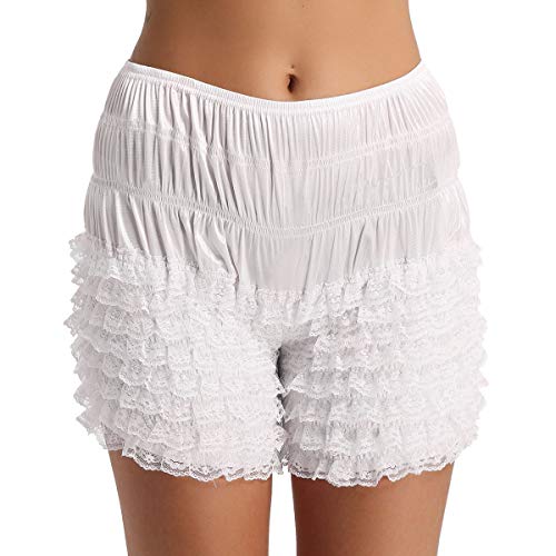 FEESHOW Damen Unterhose Spitze Slip Schlüpfer Sicherheits Shorts mit Rüschen Frauen Unterwäsche Sissi Schlafhose kurz M-XL Weiß L(Taille 74-145cm) von FEESHOW