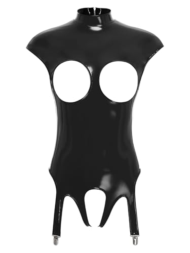 FEESHOW Damen Wetlook Body Lack Ouvert Brustfrei Catsuit Spitze Lackleder Bodysuit Mit Strumpfhalter Schwarz 4XL von FEESHOW