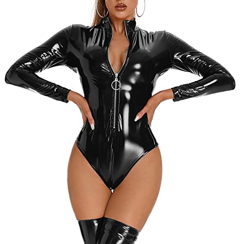 FEESHOW Damen Wetlook Bodysuit Catsuit Glanz Zip Jumpsuit Leotard High Cut aus Kunstleder Party Clubwear Schwarz K M von FEESHOW