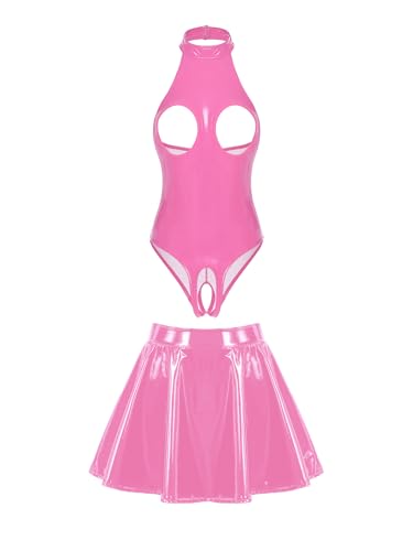 FEESHOW Damen Wetlook Catsuit Ouvert Brustfreier Body Lackleder Rock Set Reizwäsche Offener Schritt Brüste Erotische Wäsche Rosa 4XL von FEESHOW