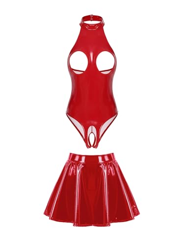 FEESHOW Damen Wetlook Catsuit Ouvert Brustfreier Body Lackleder Rock Set Reizwäsche Offener Schritt Brüste Erotische Wäsche Rot XL von FEESHOW