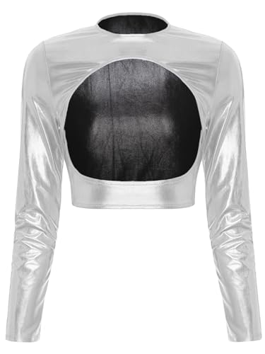 FEESHOW Damen Wetlook Crop Tops Metallic Shirt Bauchfrei Lackoptik Glitzer Kurzjacke GoGo Tanz Clubwear Oberteile Silber_G S von FEESHOW