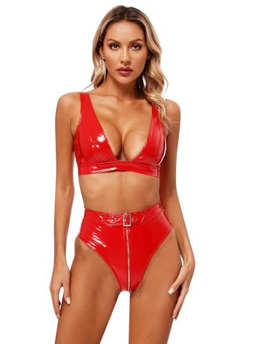 FEESHOW Damen Wetlook Dessous Lack Leder BH Top Slip String Set Lackoptik Bikini Thong High Cut Sexy Fetisch Lingerie Badeanzug Rot_P 4XL FEESHOW Damen Wetlook Dessous Lack Leder BH Top Slip String Set Lackoptik Bikini Thong High Cut Sexy Fetisch Lingerie Badeanzug Rot_P 4XL von FEESHOW