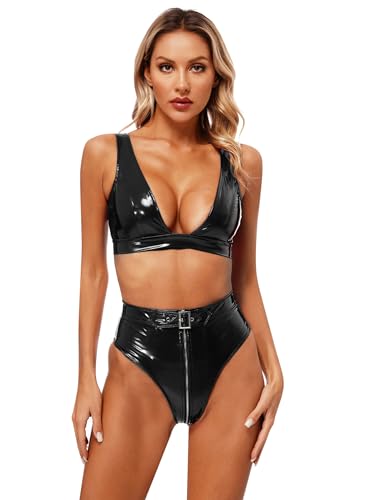 FEESHOW Damen Wetlook Dessous Lack Leder BH Top Slip String Set Lackoptik Bikini Thong High Cut Sexy Fetisch Lingerie Badeanzug Schwarz_P 4XL FEESHOW Damen Wetlook Dessous Lack Leder BH Top Slip String Set Lackoptik Bikini Thong High Cut Sexy Fetisch Lingerie Badeanzug Schwarz_P 4XL von FEESHOW