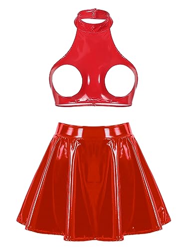 FEESHOW Damen Wetlook Dessous Set Brustfreier BH Set Hebe BH Leder Lack Rock Set Brust Offen Reizwäsche Rot 3XL von FEESHOW