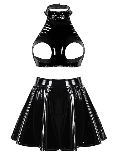 FEESHOW Damen Wetlook Dessous Set Brustfreier BH Set Hebe BH Leder Lack Rock Set Brust Offen Reizwäsche Schwarz XL von FEESHOW