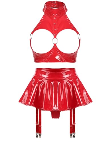 FEESHOW Damen Wetlook Dessous Set Ouvert Lack Leder Brustfreie Hebe BH Büstenhebe Leder Rock Strings Briefs Strapse Unterwäsche Set E_Rot M von FEESHOW