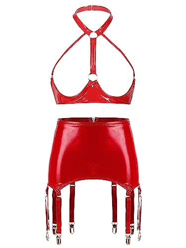 FEESHOW Damen Wetlook Dessous Set Ouvert Lack Leder Brustfreie Hebe BH Büstenhebe Leder Rock Strings Briefs Strapse Unterwäsche Set G_Rot S von FEESHOW