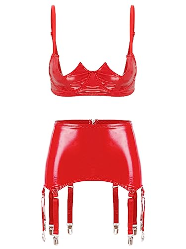 FEESHOW Damen Wetlook Dessous Set Ouvert Lack Leder Brustfreie Hebe BH Büstenhebe Leder Rock Strings Briefs Strapse Unterwäsche Set H_Rot 4XL von FEESHOW