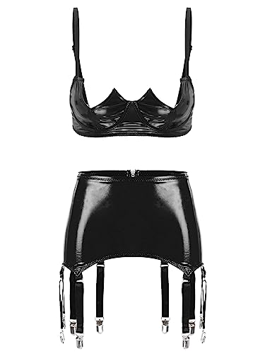 FEESHOW Damen Wetlook Dessous Set Ouvert Lack Leder Brustfreie Hebe BH Büstenhebe Leder Rock Strings Briefs Strapse Unterwäsche Set H_Schwarz L von FEESHOW