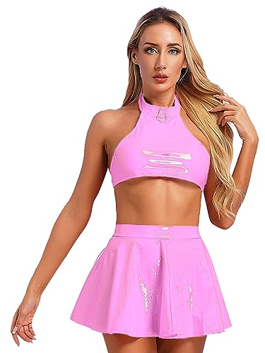 FEESHOW Damen Wetlook Dessous Set Ouvert Lack Leder Brustfreie Hebe BH Büstenhebe Leder Rock Strings Briefs Strapse Unterwäsche Set J_Hotpink XXL von FEESHOW