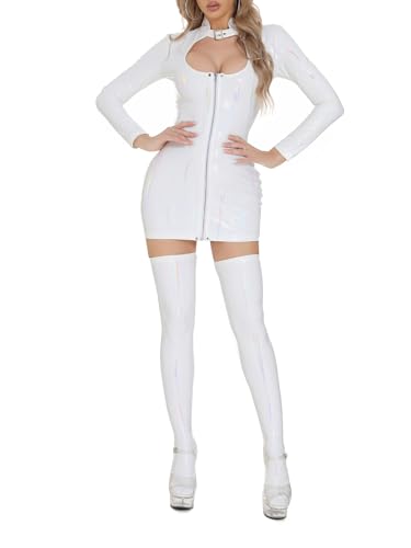 FEESHOW Damen Wetlook Minikleid Eng Mit Frontreißverschluss Glänzend Lack Kleid Und Leder Overknees Strümpfe Outfit Weiß M von FEESHOW