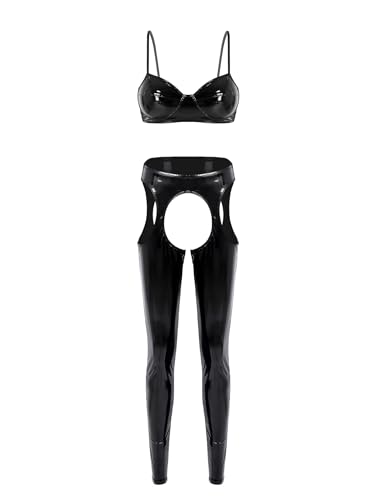 FEESHOW Damen Wetlook Outfits Ouvert Lack Leder BH Leggings Erotische Lackleder Unterwäsche Bustier Tights Crotchless Lingerie Fetisch Clubwear B_Schwarz 4XL von FEESHOW