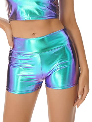 FEESHOW Damen Wetlook Shorts High Waist Glänzend Metallic Hotpants Mini Booty Shorts Sport Tanz Nachtclub Gogo Rave Outfit Blau&Lila_B M FEESHOW Damen Wetlook Shorts High Waist Glänzend Metallic Hotpants Mini Booty Shorts Sport Tanz Nachtclub Gogo Rave Outfit Blau&Lila_B M von FEESHOW