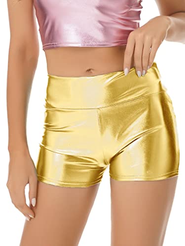 FEESHOW Damen Wetlook Shorts High Waist Glänzend Metallic Hotpants Mini Booty Shorts Sport Tanz Nachtclub Gogo Rave Outfit Gold_B M von FEESHOW