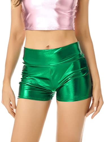 FEESHOW Damen Wetlook Shorts High Waist Glänzend Metallic Hotpants Mini Booty Shorts Sport Tanz Nachtclub Gogo Rave Outfit Grün_B M von FEESHOW