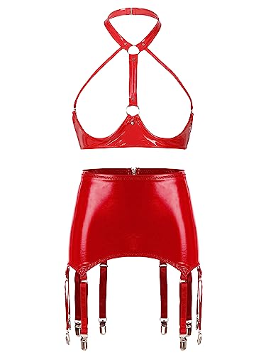 FEESHOW Damen Wetlook Strapse Dessous Set Ouvert Brustfreie Hebe BH Büstenhebe Leder Lack Rock Strapsgürtel 8 Halter Strumpfhalter Set Brustfrei-Rot 4XL von FEESHOW