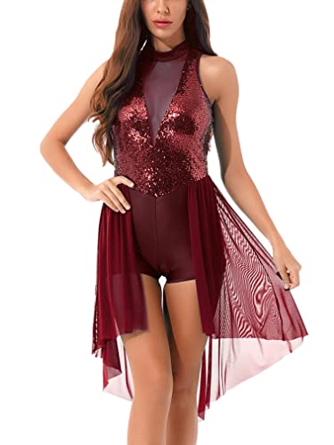 FEESHOW Damen lyrische Tanzkleider Ärmellos Pailletten Mesh Ballett Leotard mit Asymmetrisch Rock Latin Samba Ballsaal Tanzkleidung Contemporary Dance Dress Outfit A_Burgundy S von FEESHOW