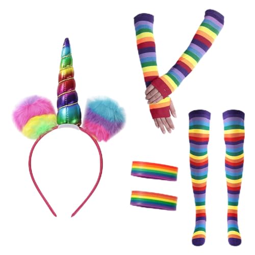 FEESHOW Erwachsene Kinder Regenbogen Streifen Kniestrümpfe Handschuhe Fingerlos Bunte Hosenträger Fliege Faschingskostüme 80er Jahre Cosplay Zubehör C_Erwachsene Einheitsgröße von FEESHOW