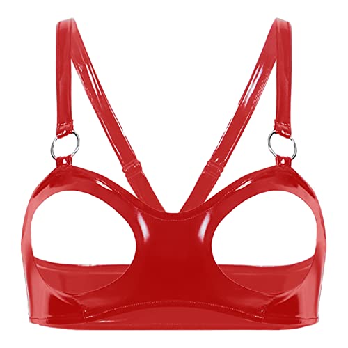 FEESHOW Frauen Damen Offene Brüste BH Leder Ouvert Büstenhebe Frauen Wetlook Spitze Dessous Bra Top mit Metallkette Clubwear Rot J M von FEESHOW