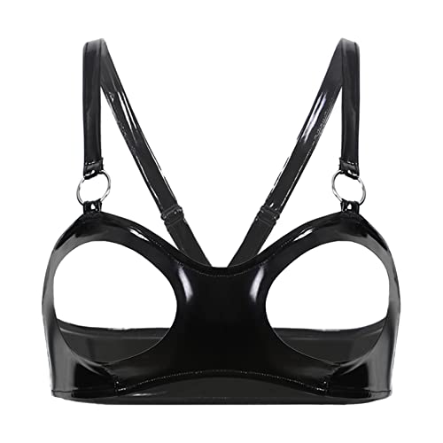 FEESHOW Frauen Damen Offene Brüste BH Leder Ouvert Büstenhebe Frauen Wetlook Spitze Dessous Bra Top mit Metallkette Clubwear Schwarz J L von FEESHOW